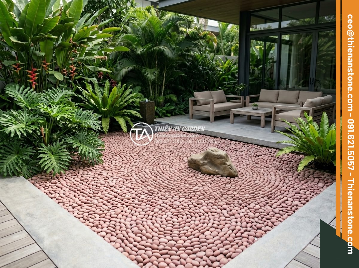 Sỏi Sân Vườn: Tổng Hợp Các Loại Sỏi Trang Trí Đẹp Nhất 2026 - Luxury villa garden in 2026 with white and black decorative pebbles creating zen