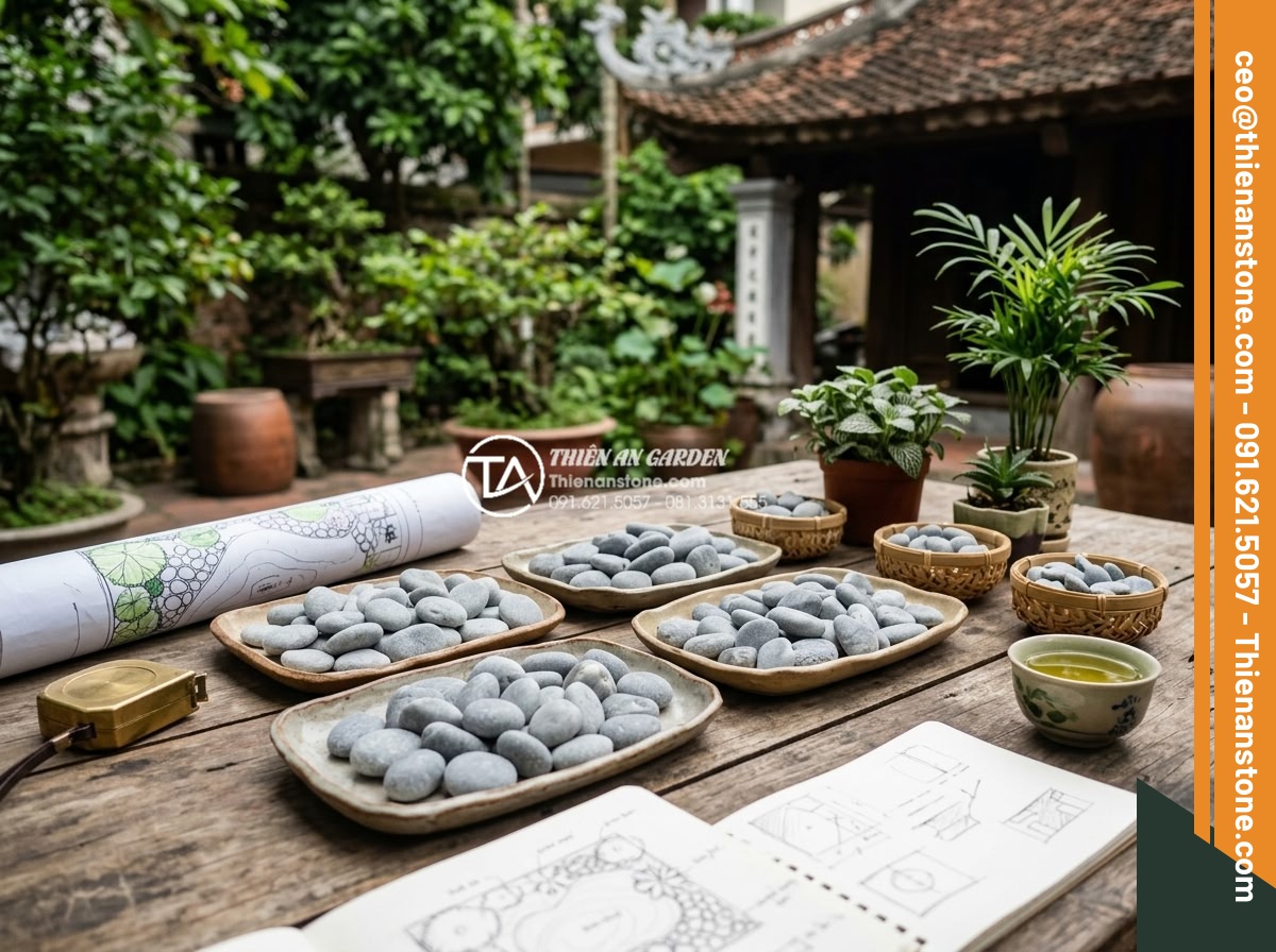 Sỏi Tiểu Cảnh: Nghệ Thuật Sắp Đặt Sỏi Trong Không Gian Nhỏ - Professional consultation scene with different stone options laid out for small 