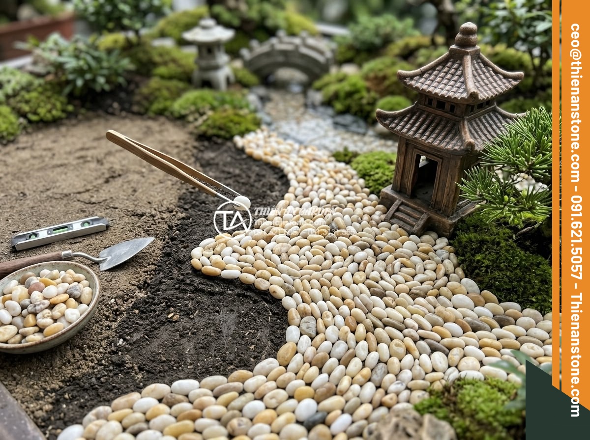 Sỏi Tiểu Cảnh: Nghệ Thuật Sắp Đặt Sỏi Trong Không Gian Nhỏ - Close-up of advanced pebble installation process in miniature landscape showing 