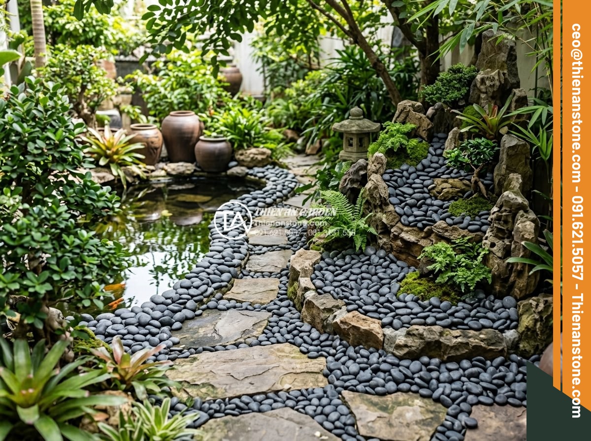 Sỏi Tiểu Cảnh: Nghệ Thuật Sắp Đặt Sỏi Trong Không Gian Nhỏ - Creative applications of pebbles in various small garden designs including koi p