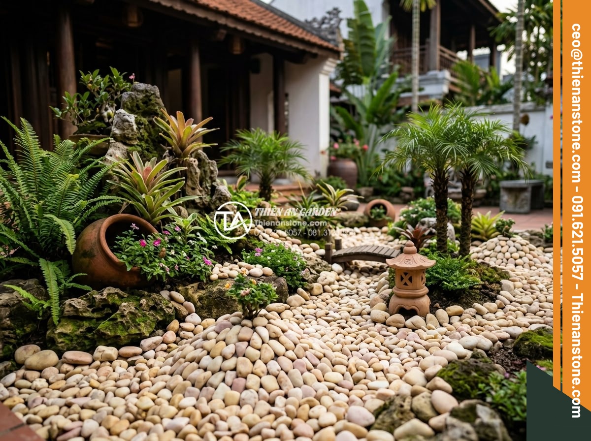 Sỏi Tiểu Cảnh: Nghệ Thuật Sắp Đặt Sỏi Trong Không Gian Nhỏ - Realistic project examples of pebble landscapes integrated into villa courtyards