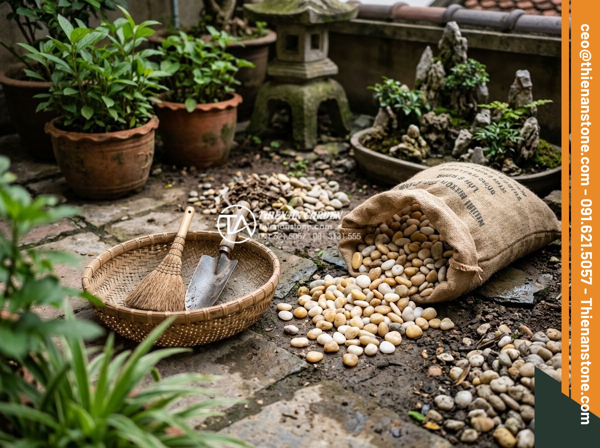 Sỏi Tiểu Cảnh: Nghệ Thuật Sắp Đặt Sỏi Trong Không Gian Nhỏ - Maintenance process shown with cleaning tools and fresh pebbles being added to s