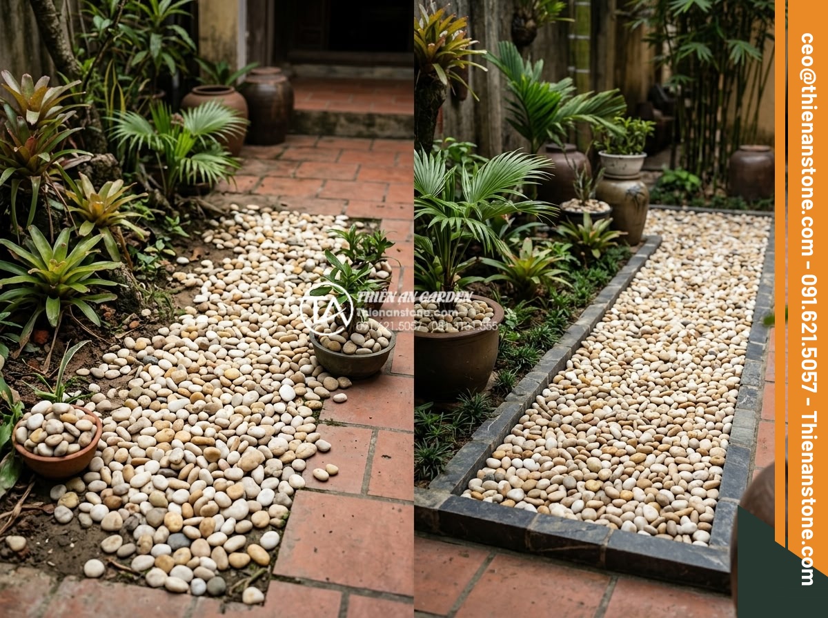 Sỏi Tiểu Cảnh: Nghệ Thuật Sắp Đặt Sỏi Trong Không Gian Nhỏ - Common pebble design mistakes illustrated alongside corrected professional versi