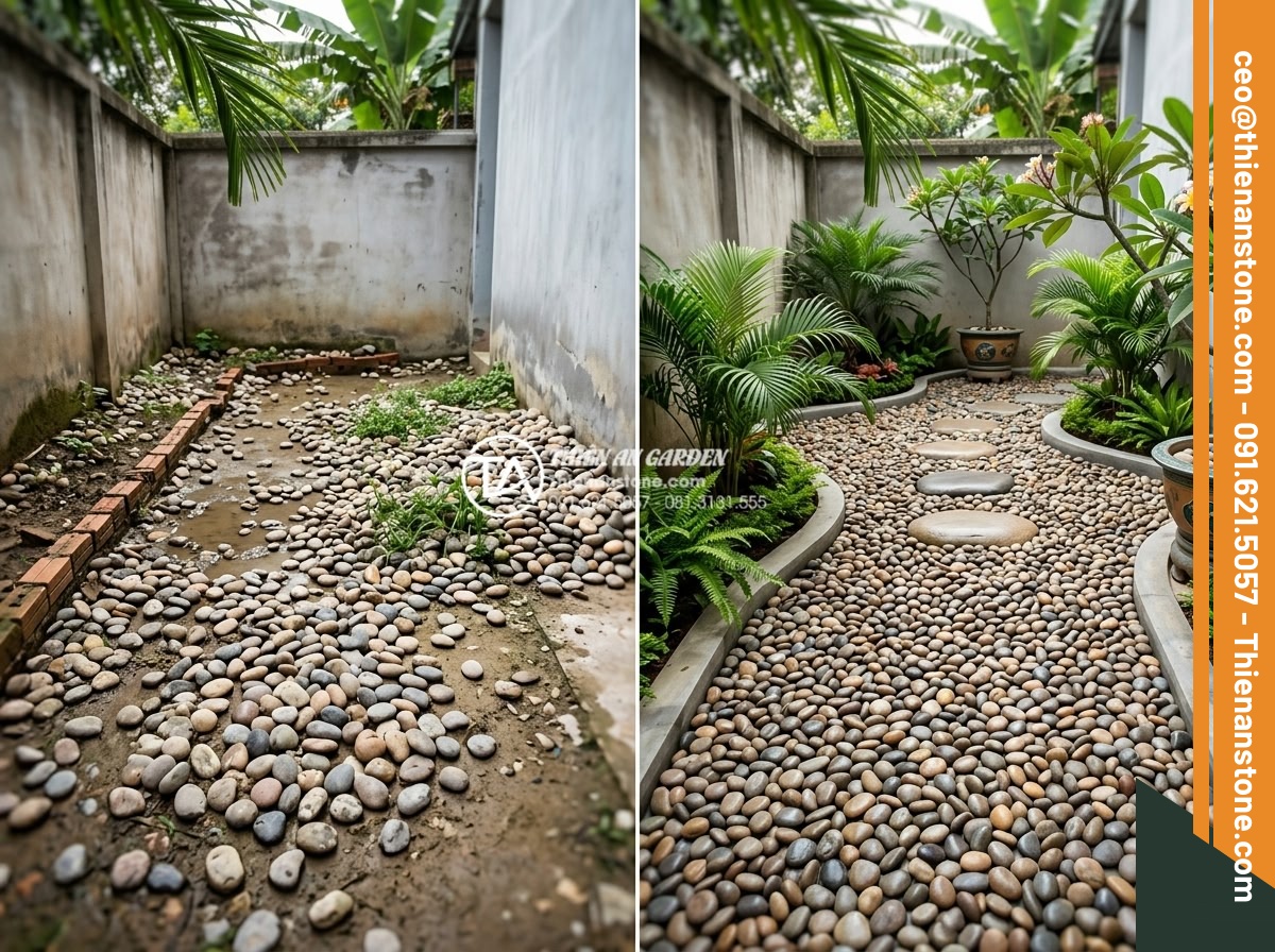 Sỏi Tiểu Cảnh: Nghệ Thuật Sắp Đặt Sỏi Trong Không Gian Nhỏ - Before-after fix examples of flawed versus properly designed pebble arrangements