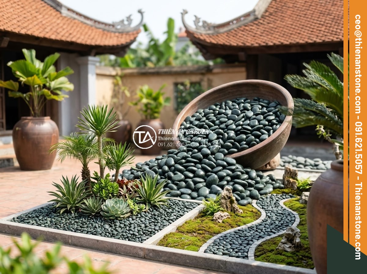 Sỏi Tiểu Cảnh: Nghệ Thuật Sắp Đặt Sỏi Trong Không Gian Nhỏ - Professional stone supplier showcase with high-quality pebbles and completed sma