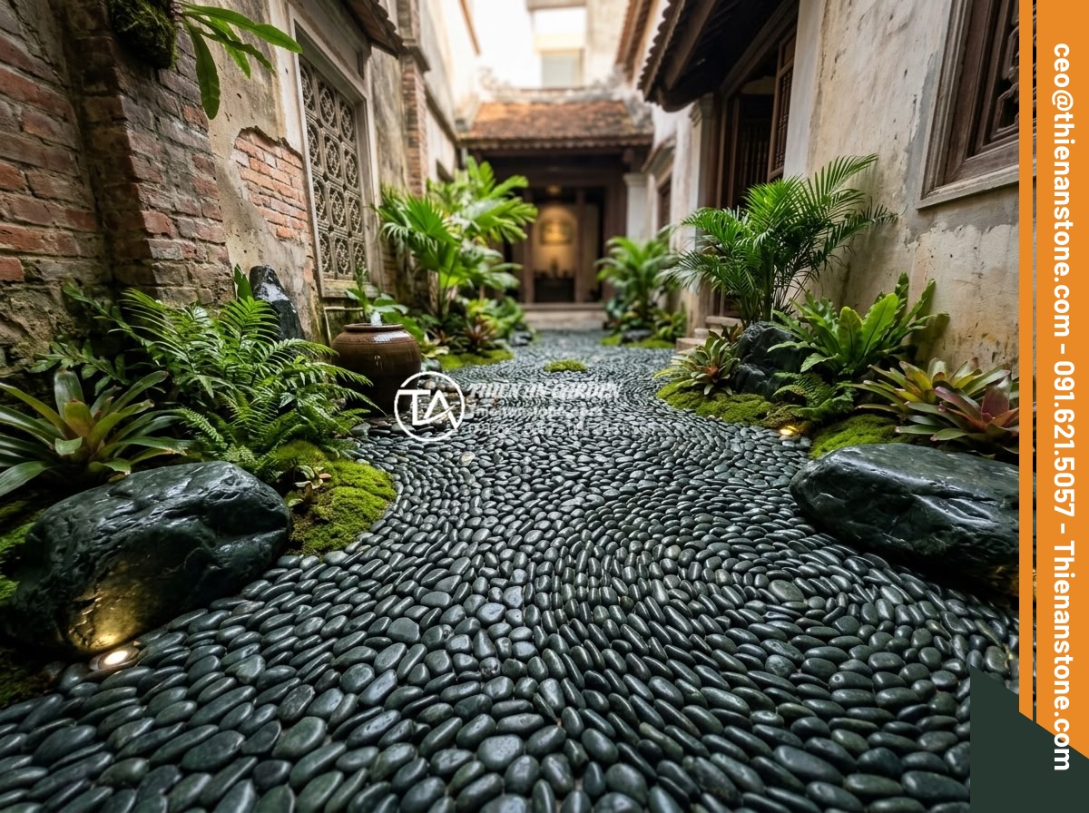 Sỏi Tiểu Cảnh: Nghệ Thuật Sắp Đặt Sỏi Trong Không Gian Nhỏ - Wide angle view of artistic pebble arrangement in tiny courtyard garden with con