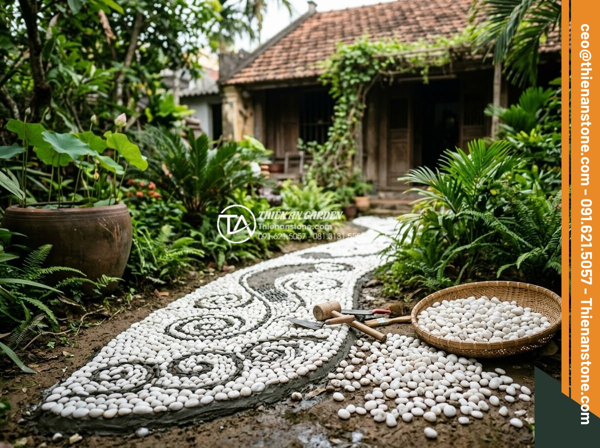 Sỏi Tiểu Cảnh: Nghệ Thuật Sắp Đặt Sỏi Trong Không Gian Nhỏ - Team of experts from stone company working on custom pebble art installation in 