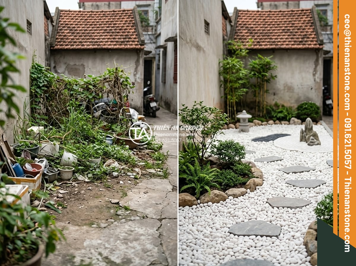 Sỏi Tiểu Cảnh: Nghệ Thuật Sắp Đặt Sỏi Trong Không Gian Nhỏ - Before and after comparison of small garden transformation using decorative pebb