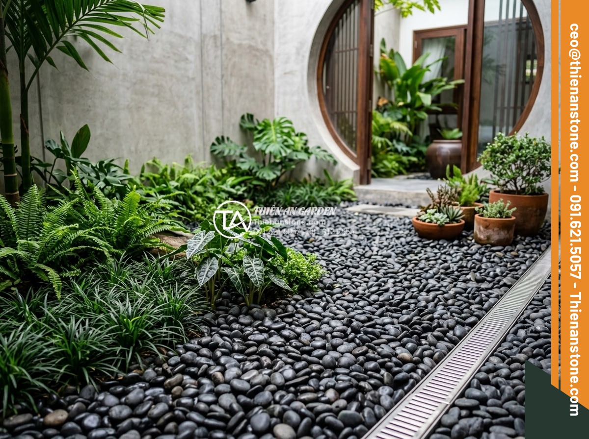 Sỏi Tiểu Cảnh: Nghệ Thuật Sắp Đặt Sỏi Trong Không Gian Nhỏ - Lush small space pebble garden showcasing multiple benefits including drainage, 