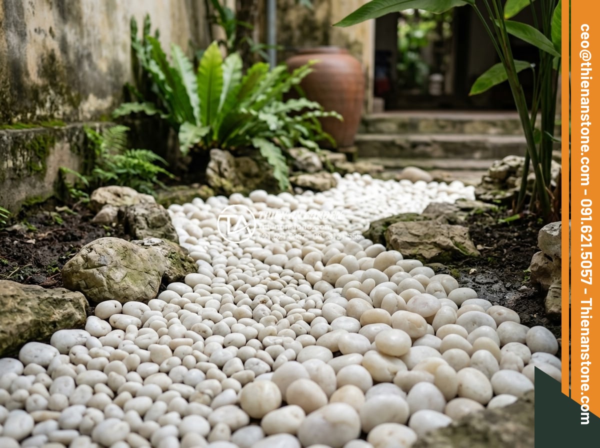 Sỏi Tiểu Cảnh: Nghệ Thuật Sắp Đặt Sỏi Trong Không Gian Nhỏ - Creative mix of different pebble types arranged in small garden section demonstr