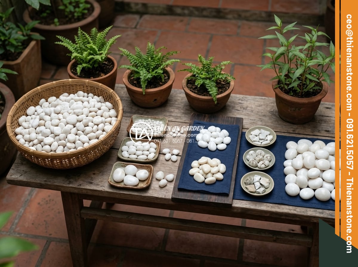 Sỏi Tiểu Cảnh: Nghệ Thuật Sắp Đặt Sỏi Trong Không Gian Nhỏ - Step-by-step selection guide visualization showing various pebble samples being 