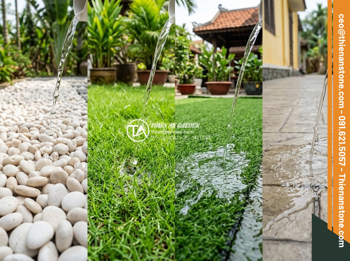 Sỏi Trắng Sân Vườn: Bí Quyết Tạo Không Gian Sang Trọng Và Tinh Tế - Professional comparison infographic style image showing four different garden su