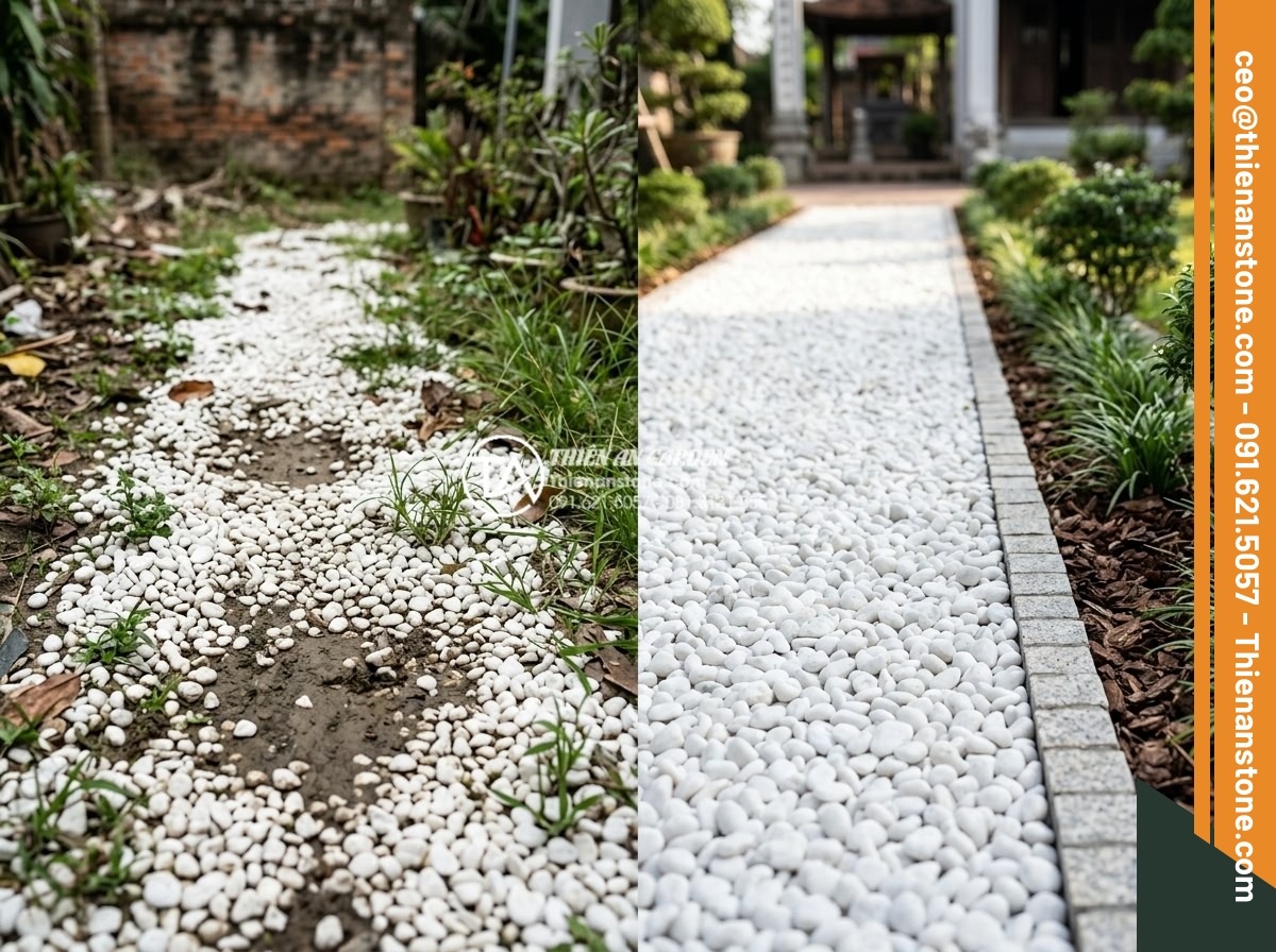 Sỏi Trắng Sân Vườn: Bí Quyết Tạo Không Gian Sang Trọng Và Tinh Tế - Educational split image showing common mistakes in white gravel garden installat