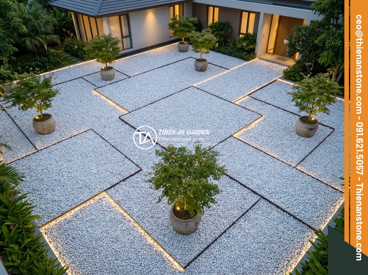 Sỏi Trắng Sân Vườn: Bí Quyết Tạo Không Gian Sang Trọng Và Tinh Tế - Aerial perspective of a sprawling contemporary villa garden entirely paved with 