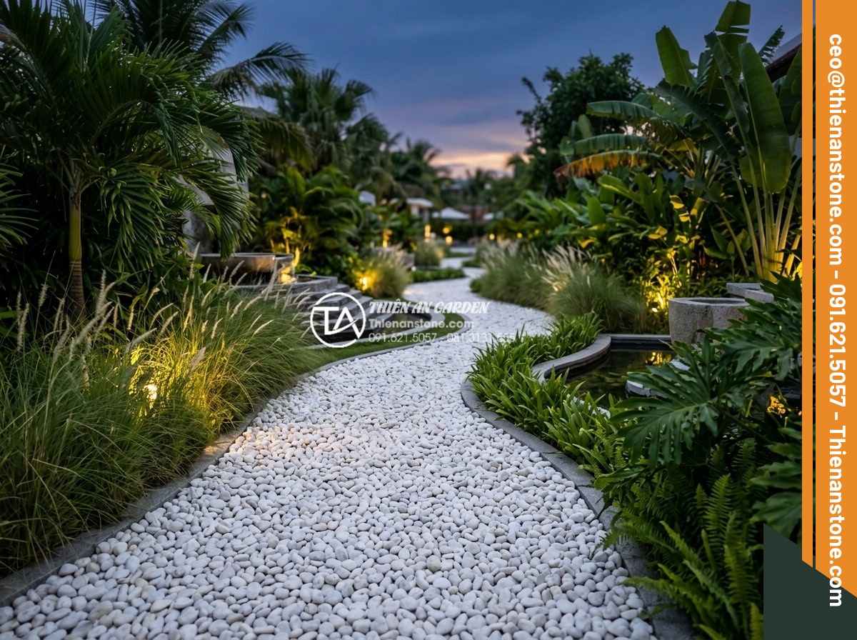 Sỏi Trắng Sân Vườn: Bí Quyết Tạo Không Gian Sang Trọng Và Tinh Tế - Stunning twilight view of a luxury resort garden where white gravel stones creat