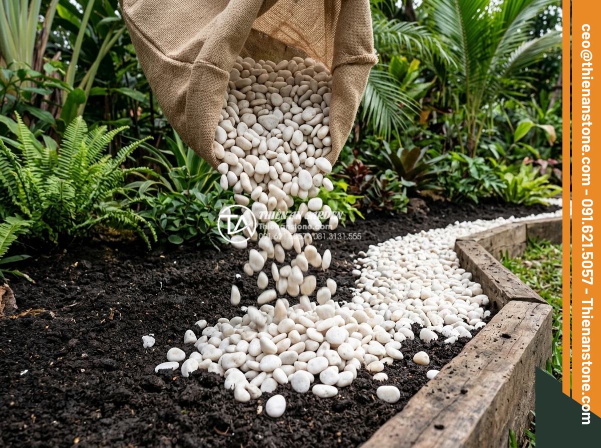 Sỏi Trắng Sân Vườn: Bí Quyết Tạo Không Gian Sang Trọng Và Tinh Tế - High quality product photography of white garden gravel being poured from a larg