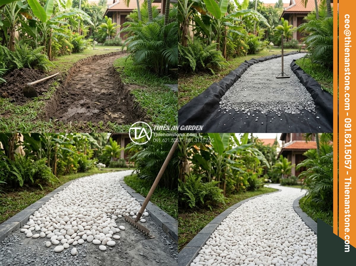 Sỏi Trắng Sân Vườn: Bí Quyết Tạo Không Gian Sang Trọng Và Tinh Tế - Step-by-step professional construction photography showing the complete process 