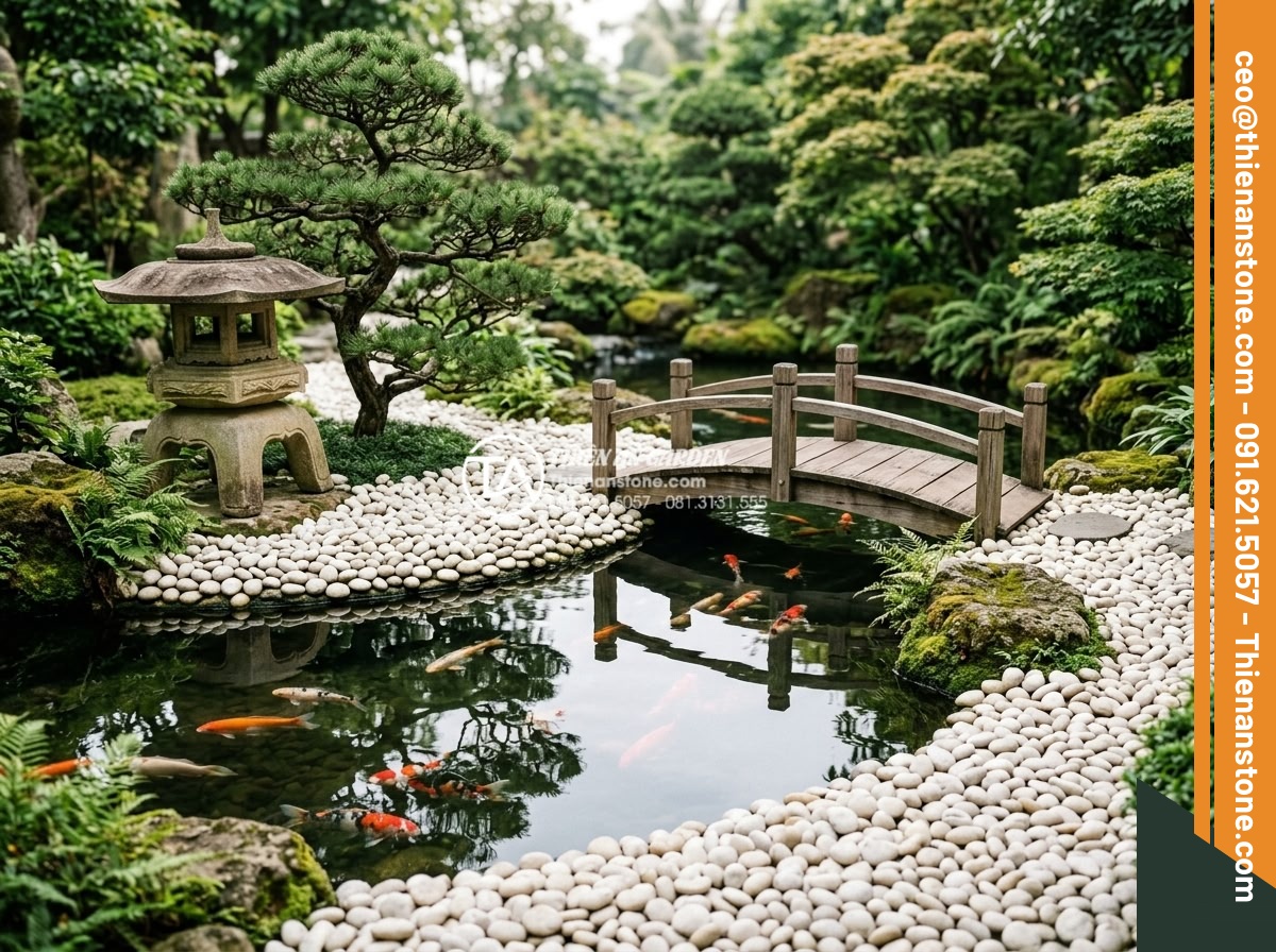 Sỏi Trắng Sân Vườn: Bí Quyết Tạo Không Gian Sang Trọng Và Tinh Tế - Serene Japanese-inspired garden scene featuring a crystal clear Koi pond surroun