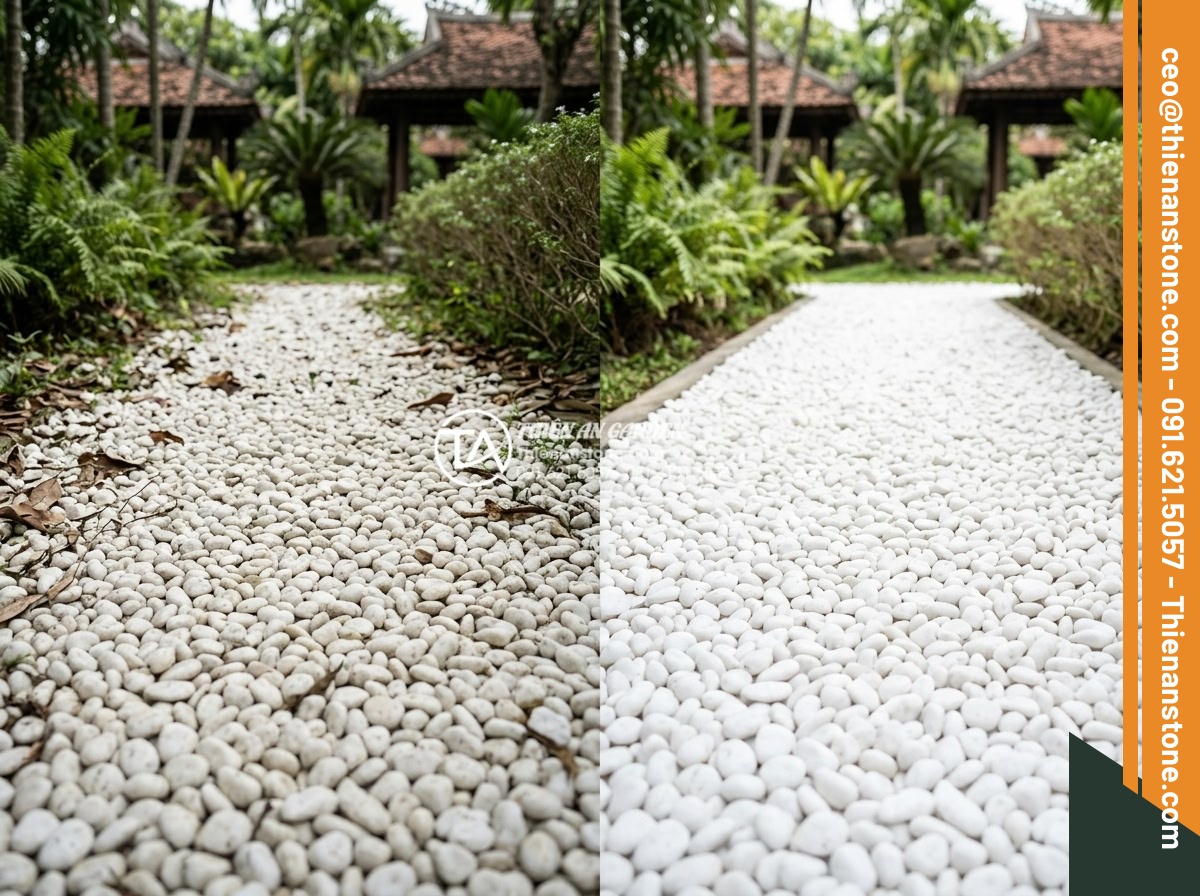 Sỏi Trắng Sân Vườn: Bí Quyết Tạo Không Gian Sang Trọng Và Tinh Tế - Before and after professional maintenance photography of a white gravel garden: 
