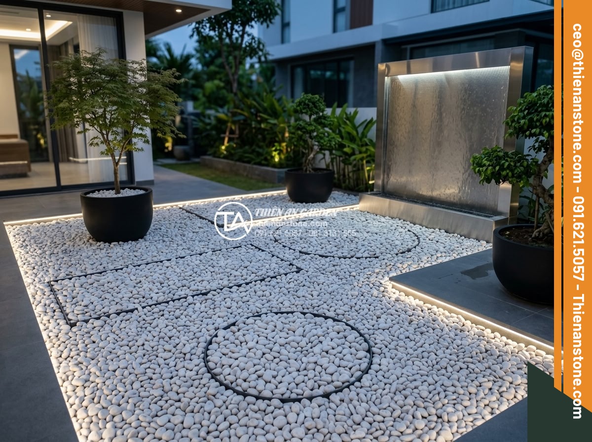 Sỏi Trắng Sân Vườn: Bí Quyết Tạo Không Gian Sang Trọng Và Tinh Tế - Modern minimalist garden design with geometric white gravel beds forming perfect