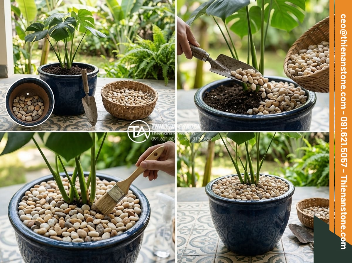 Sỏi Trang Trí Chậu Cây Cảnh: Công Dụng Và Cách Rải Đẹp - Hình 11 Sỏi Trang Trí Chậu Cây Cảnh: Công Dụng Và Cách Rải Đẹp - Step-by-step process of layering and spreading decorative pebbles in a large pla