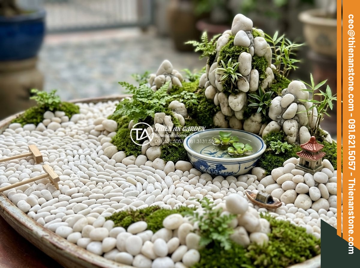 Sỏi Trang Trí Chậu Cây Cảnh: Công Dụng Và Cách Rải Đẹp - Hình 13 Sỏi Trang Trí Chậu Cây Cảnh: Công Dụng Và Cách Rải Đẹp - Artistic techniques for arranging gravel in miniature garden scenes with plants