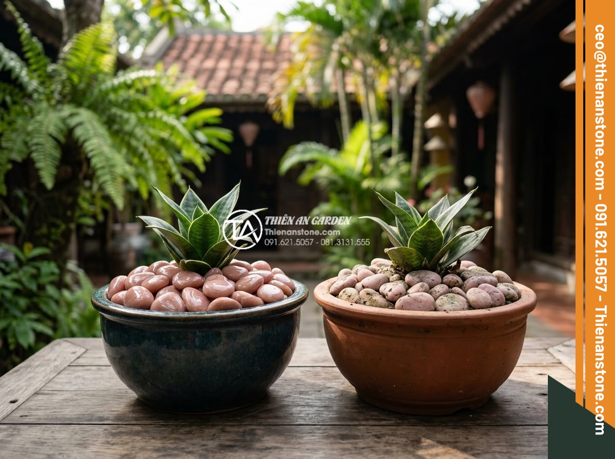 Sỏi Trang Trí Chậu Cây Cảnh: Công Dụng Và Cách Rải Đẹp - Hình 16 Sỏi Trang Trí Chậu Cây Cảnh: Công Dụng Và Cách Rải Đẹp - Maintenance tips showing clean washed pebbles versus dirty ones in decorative pl