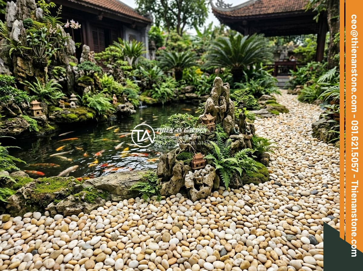 Sỏi Trang Trí Chậu Cây Cảnh: Công Dụng Và Cách Rải Đẹp - Hình 17 Sỏi Trang Trí Chậu Cây Cảnh: Công Dụng Và Cách Rải Đẹp - Large scale application of decorative pebbles in garden landscaping around koi p