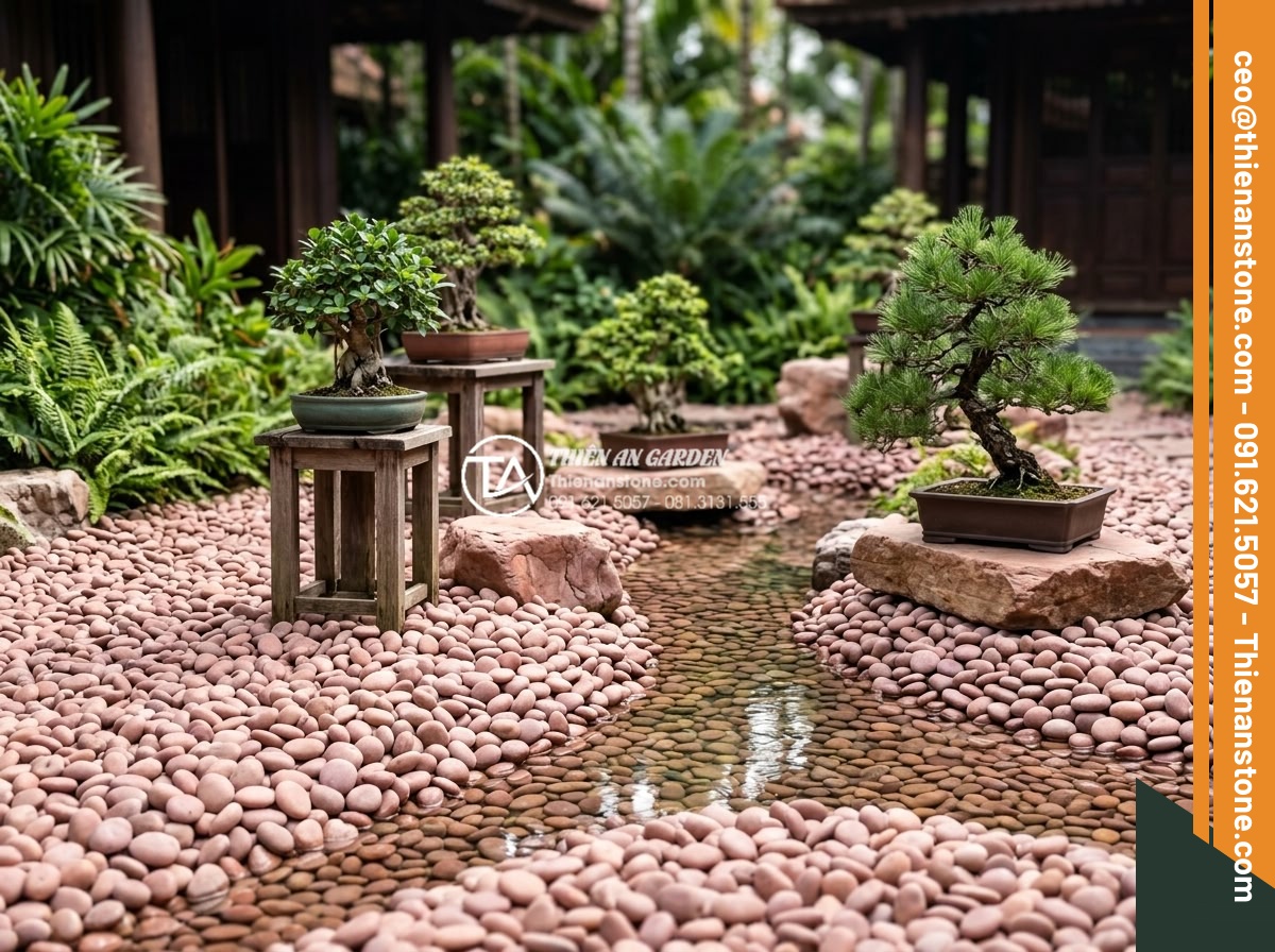 Sỏi Trang Trí Chậu Cây Cảnh: Công Dụng Và Cách Rải Đẹp - Hình 18 Sỏi Trang Trí Chậu Cây Cảnh: Công Dụng Và Cách Rải Đẹp - Integrated use of gravel in resort-style garden with bonsai trees water features