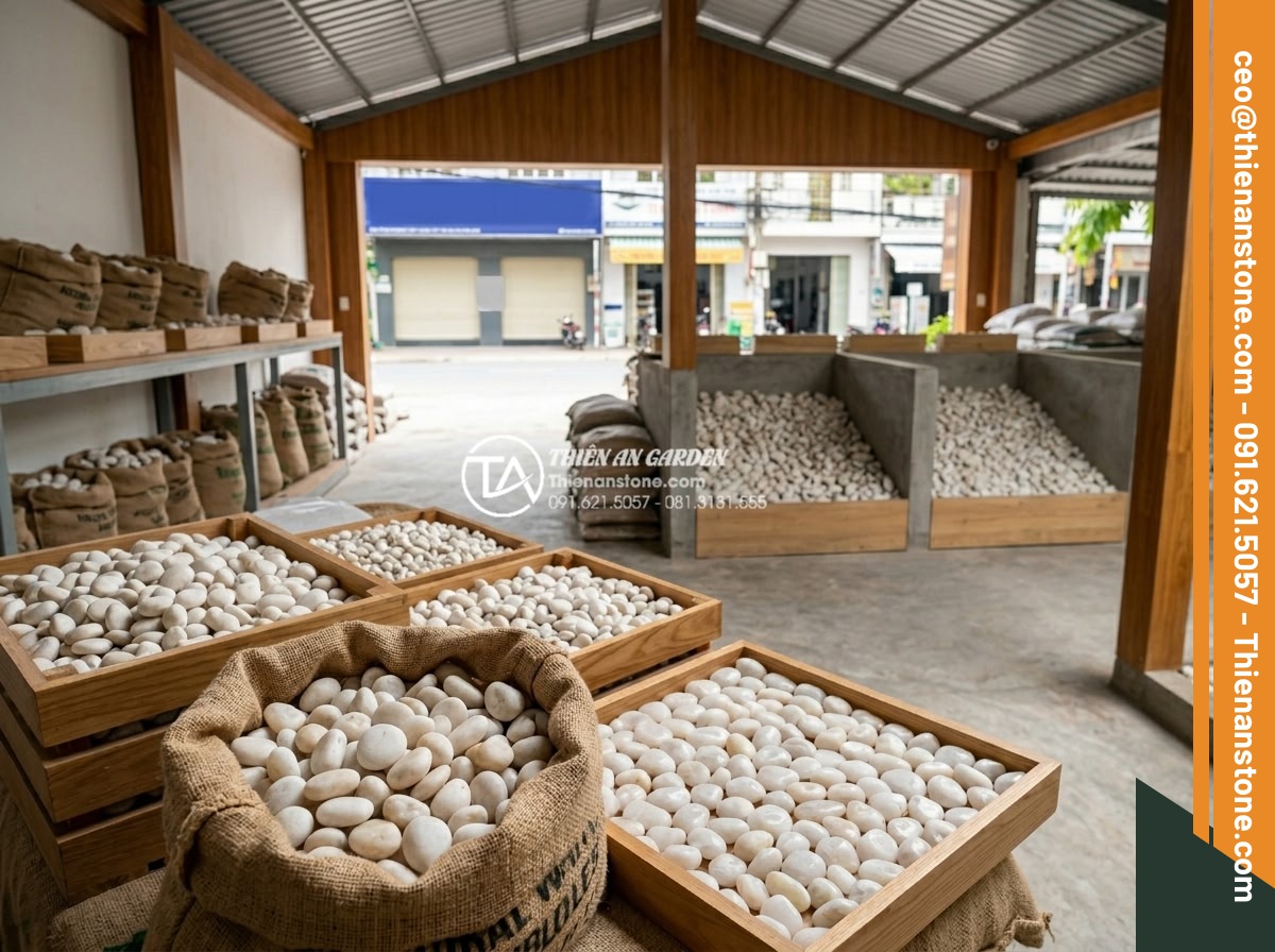 Sỏi Trang Trí Chậu Cây Cảnh: Công Dụng Và Cách Rải Đẹp - Hình 20 Sỏi Trang Trí Chậu Cây Cảnh: Công Dụng Và Cách Rải Đẹp - Showroom of natural stone pebbles and garden decoration materials ready for cust