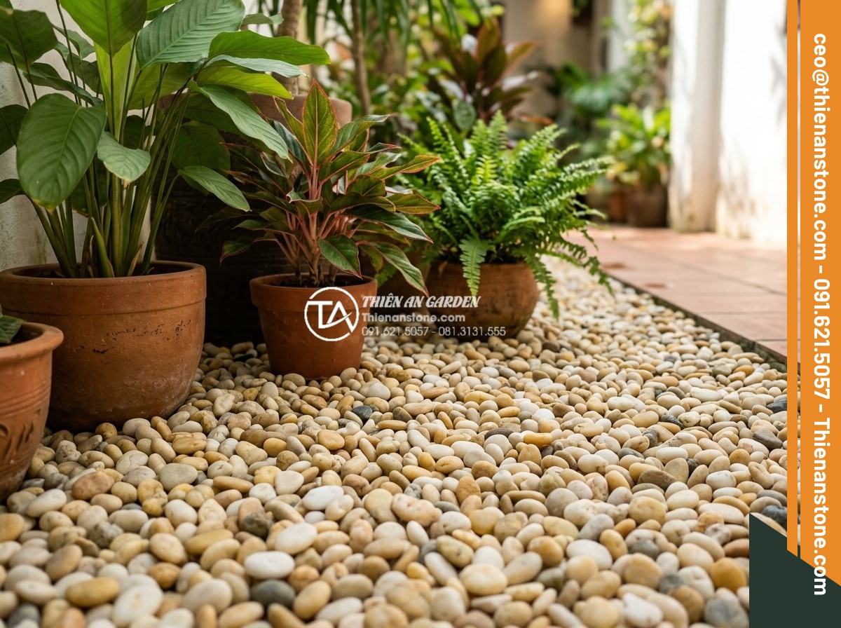 Sỏi Trang Trí Chậu Cây Cảnh: Công Dụng Và Cách Rải Đẹp - Hình 4 Sỏi Trang Trí Chậu Cây Cảnh: Công Dụng Và Cách Rải Đẹp - Aesthetic close-up of multicolored gravel stones surrounding healthy potted plan