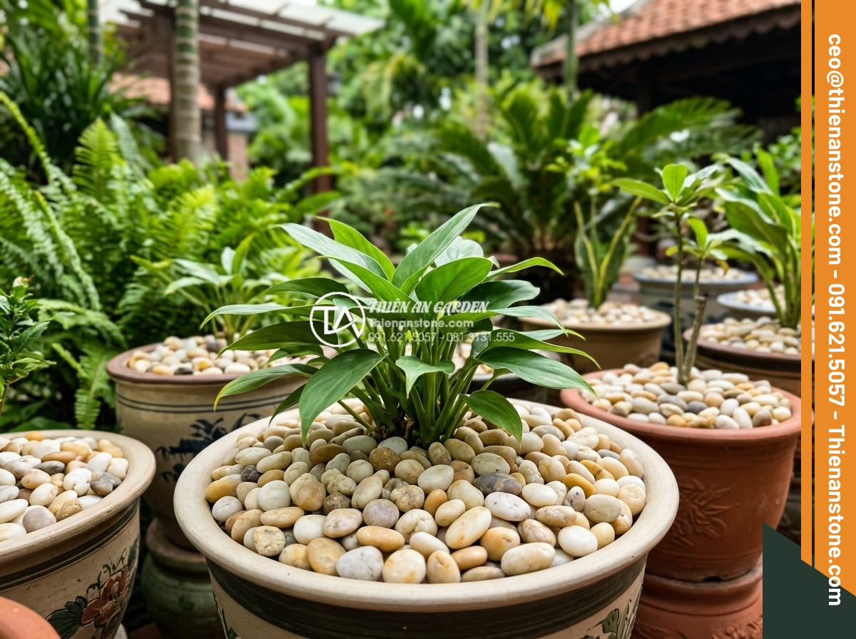 Sỏi Trang Trí Chậu Cây Cảnh: Công Dụng Và Cách Rải Đẹp - Hình 5 Sỏi Trang Trí Chậu Cây Cảnh: Công Dụng Và Cách Rải Đẹp - Eco-friendly decorative stones in plant pots showing long-term sustainability an