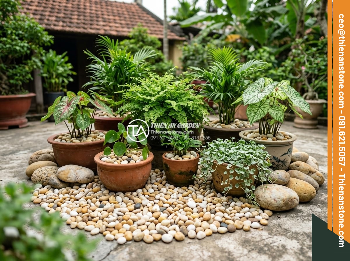 Sỏi Trang Trí Chậu Cây Cảnh: Công Dụng Và Cách Rải Đẹp - Hình 6 Sỏi Trang Trí Chậu Cây Cảnh: Công Dụng Và Cách Rải Đẹp - Overview of cost-effective landscaping using gravel in multiple plant containers