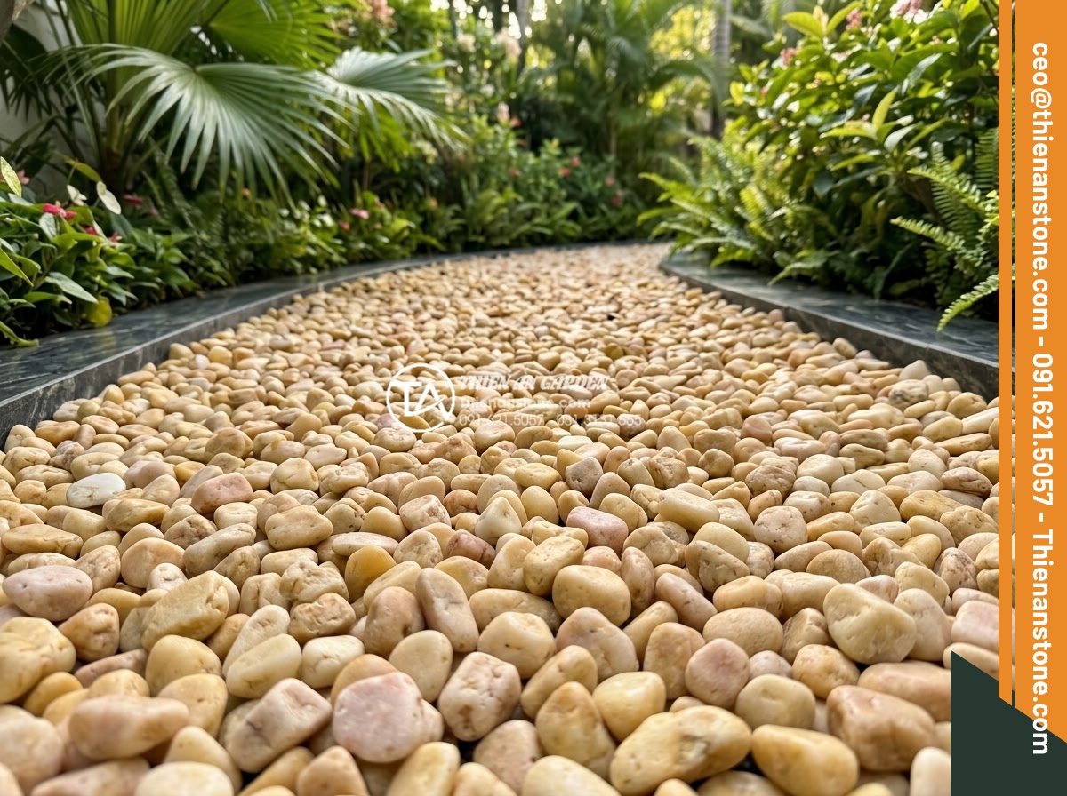 Sỏi Vàng Tự Nhiên: Điểm Nhấn Ấm Áp Cho Sân Vườn Biệt Thự - Close-up photorealistic image of premium natural golden gravel stones with warm 