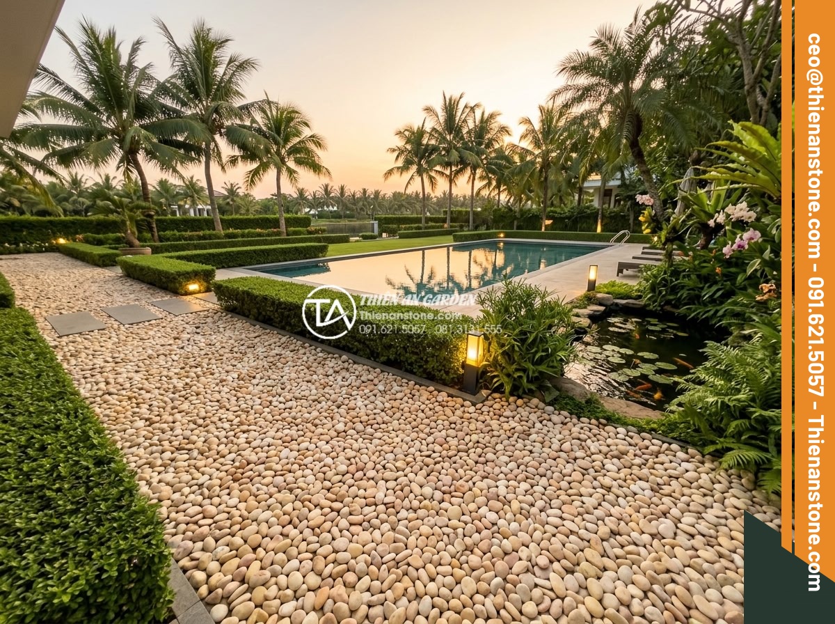 Sỏi Vàng Tự Nhiên: Điểm Nhấn Ấm Áp Cho Sân Vườn Biệt Thự - Wide angle photorealistic view of an elegant luxury villa garden at golden hour,