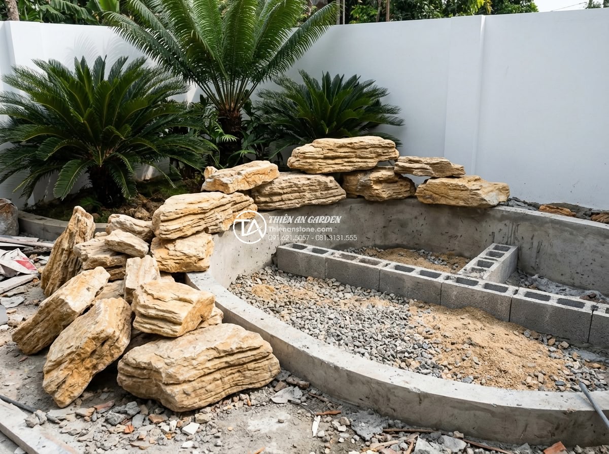 Sự Khác Biệt Giữa Đá Non Bộ Khai Thác Tại Ninh Bình Và Đà Nẵng - Hình 12 Sự Khác Biệt Giữa Đá Non Bộ Khai Thác Tại Ninh Bình Và Đà Nẵng - Step-by-step construction process of natural non-bo rockery in modern Vietnamese