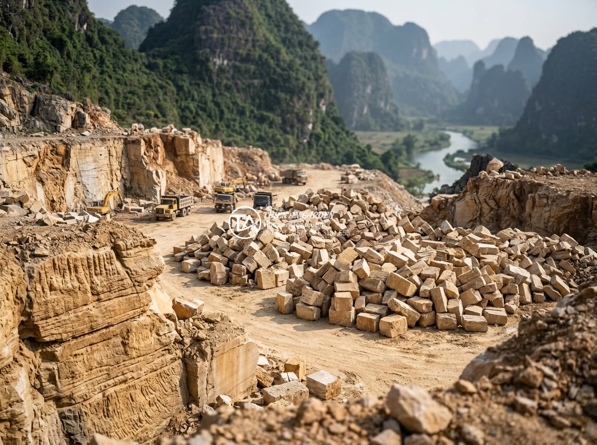 Sự Khác Biệt Giữa Đá Non Bộ Khai Thác Tại Ninh Bình Và Đà Nẵng - Hình 2 Sự Khác Biệt Giữa Đá Non Bộ Khai Thác Tại Ninh Bình Và Đà Nẵng - Wide angle landscape photo of stone quarries in Ninh Binh Vietnam extracting lar