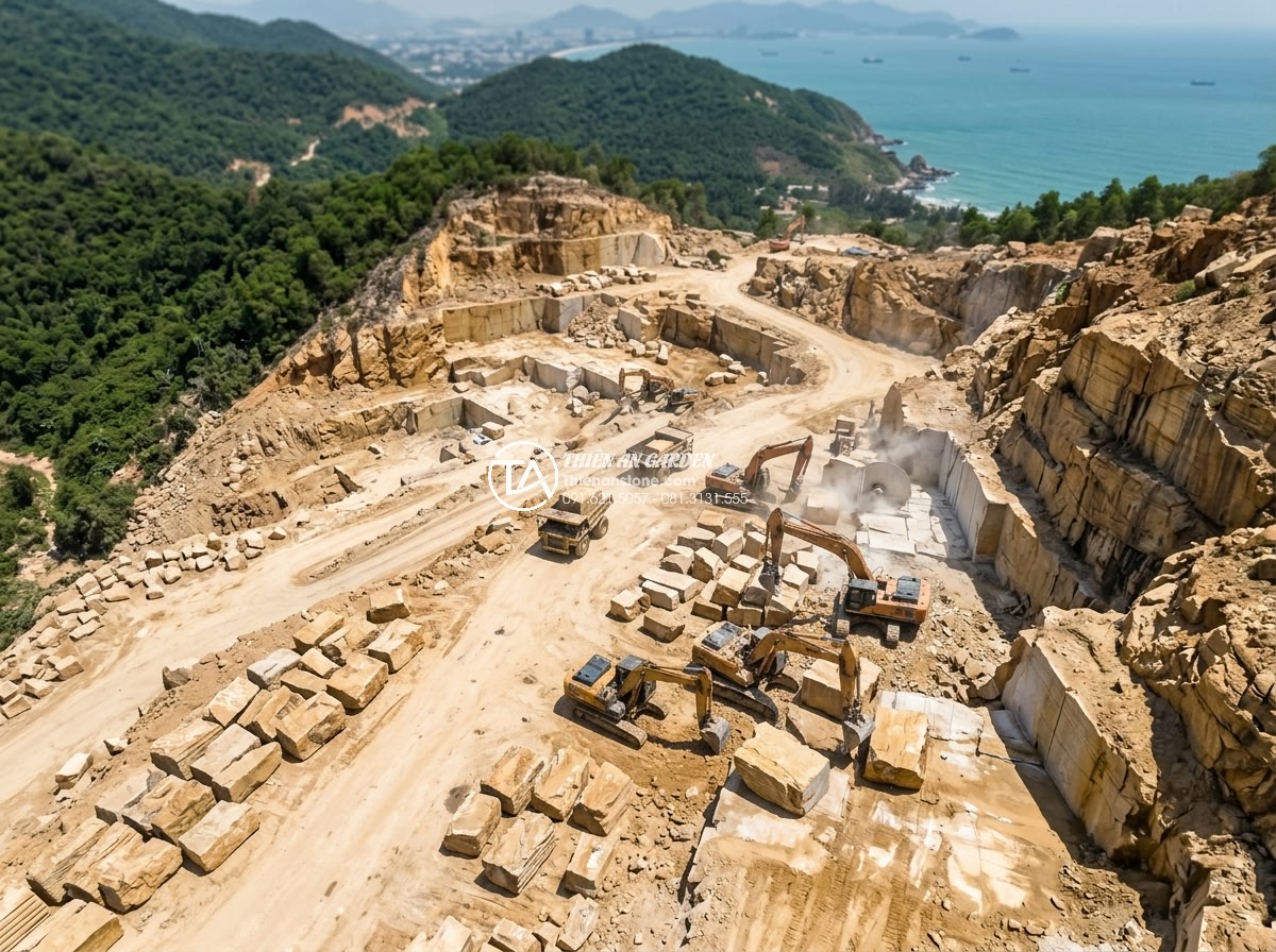 Sự Khác Biệt Giữa Đá Non Bộ Khai Thác Tại Ninh Bình Và Đà Nẵng - Hình 4 Sự Khác Biệt Giữa Đá Non Bộ Khai Thác Tại Ninh Bình Và Đà Nẵng - Aerial view of stone mining sites near Da Nang Vietnam with large granite and li
