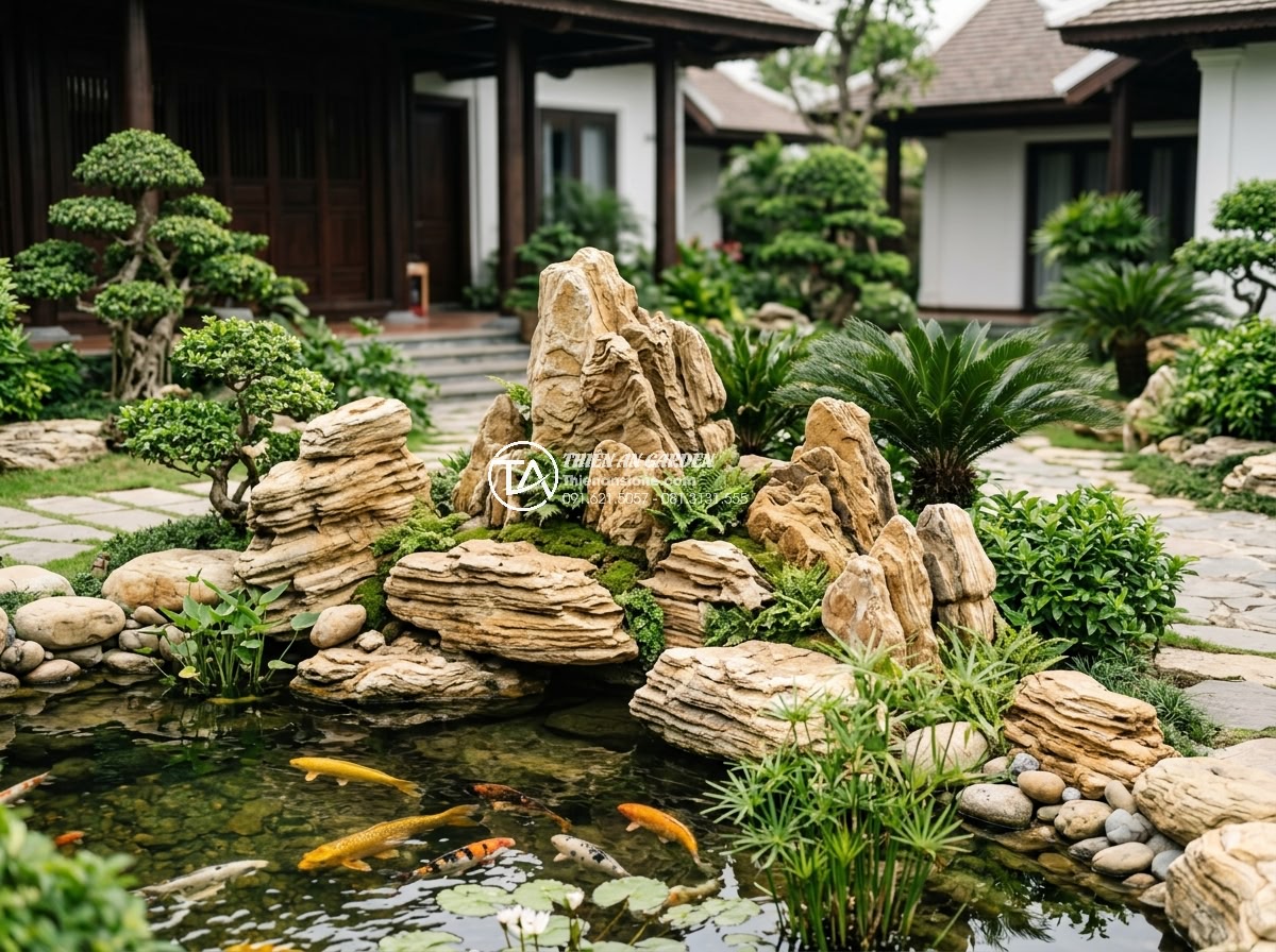 Sự Khác Biệt Giữa Đá Non Bộ Khai Thác Tại Ninh Bình Và Đà Nẵng - Hình 9 Sự Khác Biệt Giữa Đá Non Bộ Khai Thác Tại Ninh Bình Và Đà Nẵng - Realistic photo of completed non-bo garden using mixed Ninh Binh and Da Nang sto