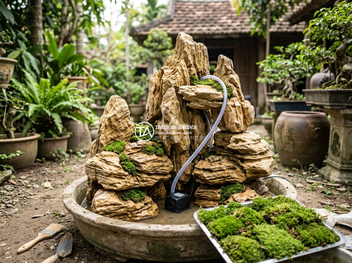 Tại Sao Đá Vàng Làm Hòn Non Bộ Được Đại Gia Săn Đón? - Step-by-step process of assembling golden stone non bộ with water pump system an
