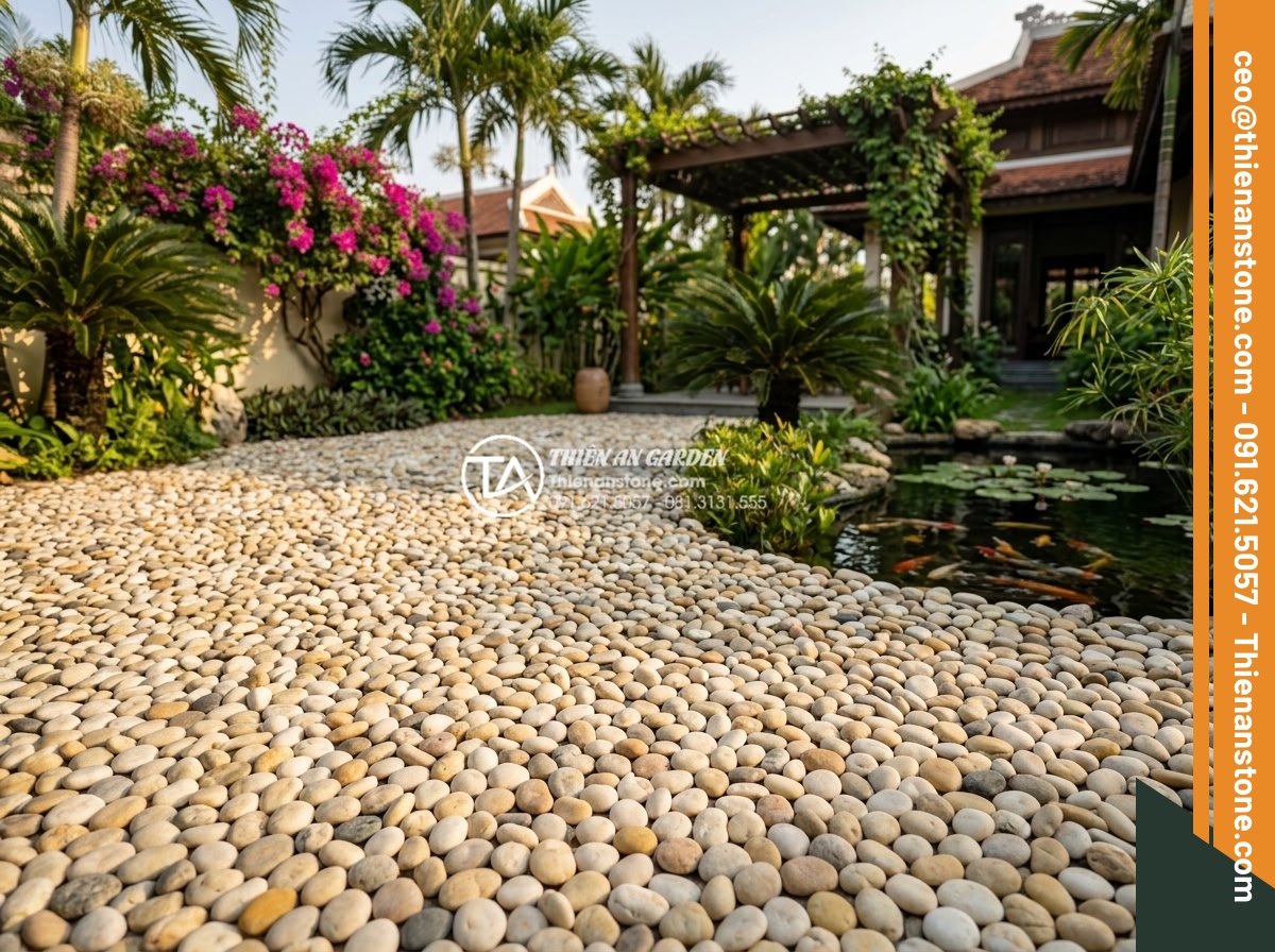Tại Sao Nên Chọn Gạch Sỏi Lát Sân Cho Khu Vực Ngoài Trời? - High resolution realistic photograph of a luxurious Vietnamese villa outdoor gar
