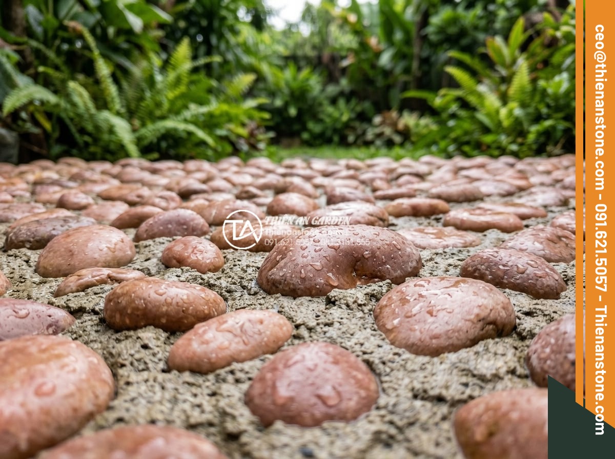 Tại Sao Nên Chọn Gạch Sỏi Lát Sân Cho Khu Vực Ngoài Trời? - Close-up professional photograph of durable natural pebble stone paving tiles fo
