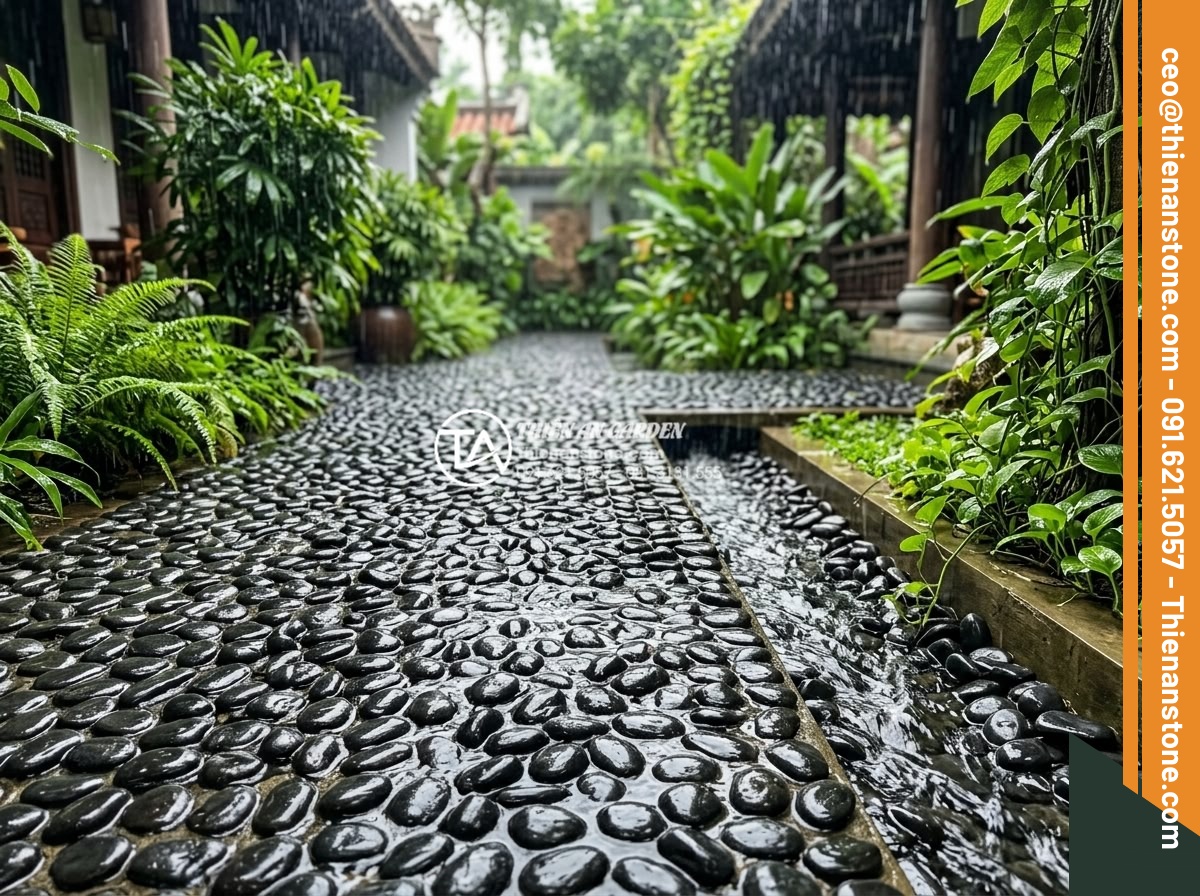 Tại Sao Nên Chọn Gạch Sỏi Lát Sân Cho Khu Vực Ngoài Trời? - Professional photograph of excellent water drainage system using natural pebble 
