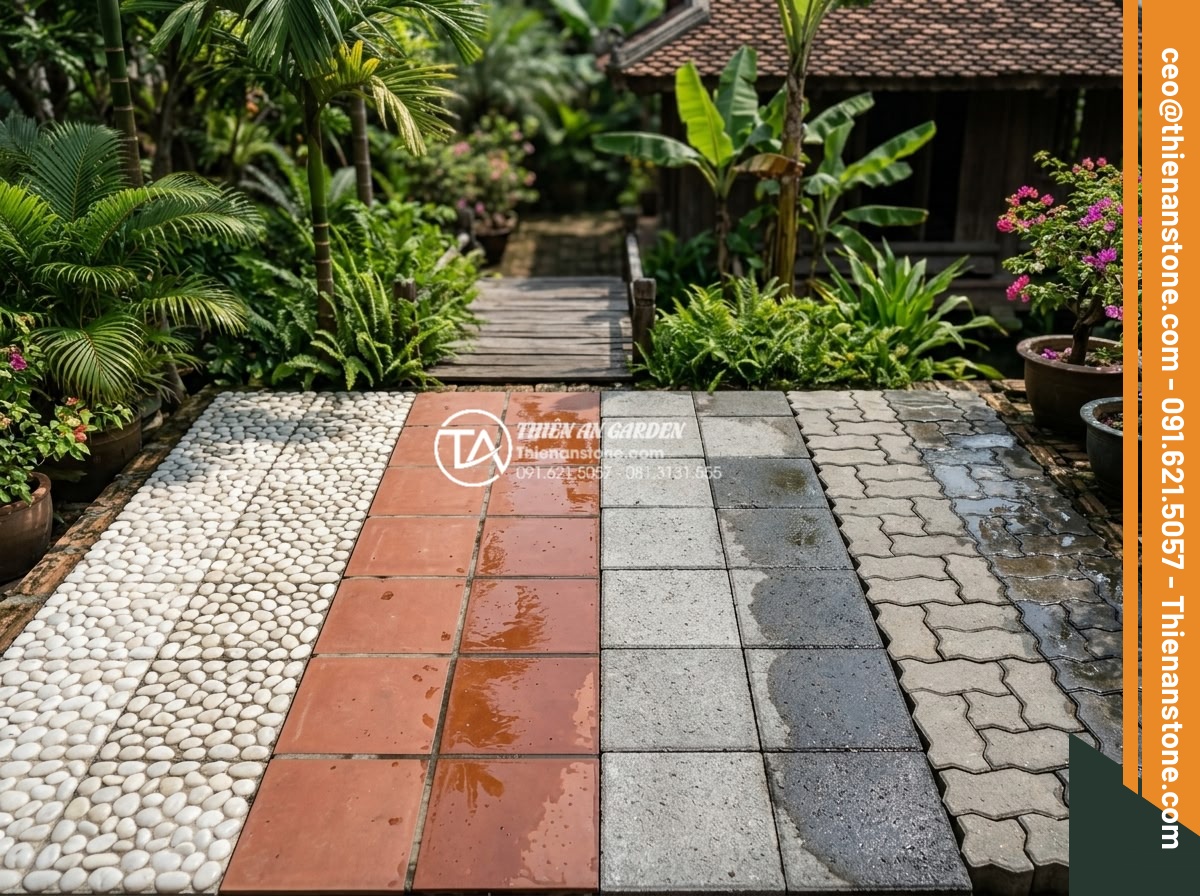 Tại Sao Nên Chọn Gạch Sỏi Lát Sân Cho Khu Vực Ngoài Trời? - Comparative infographic style photograph showing side by side outdoor paving mat