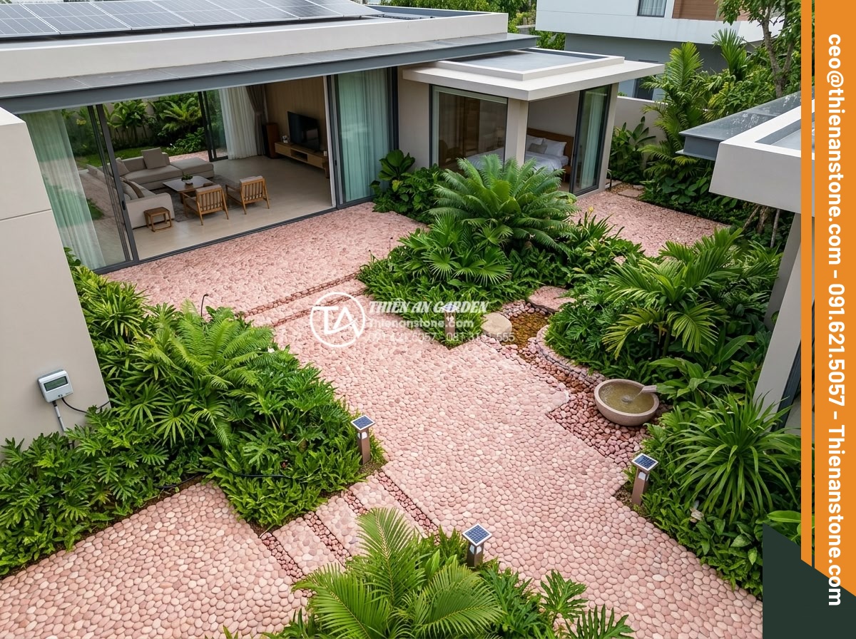 Tại Sao Nên Chọn Gạch Sỏi Lát Sân Cho Khu Vực Ngoài Trời? - Modern sustainable garden design photograph featuring extensive natural pebble t