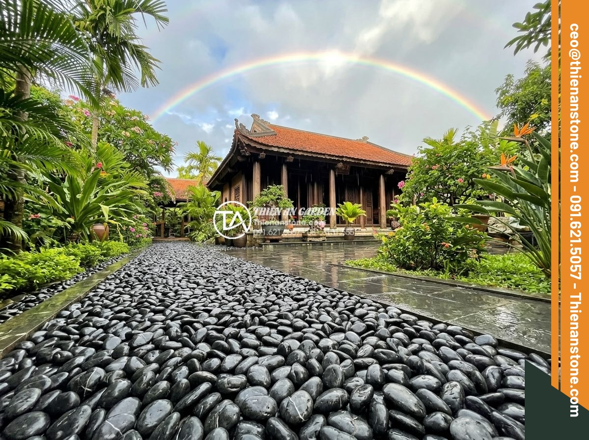 Tại Sao Nên Chọn Gạch Sỏi Lát Sân Cho Khu Vực Ngoài Trời? - Wide angle realistic photograph of natural pebble stone paving perfectly adapted