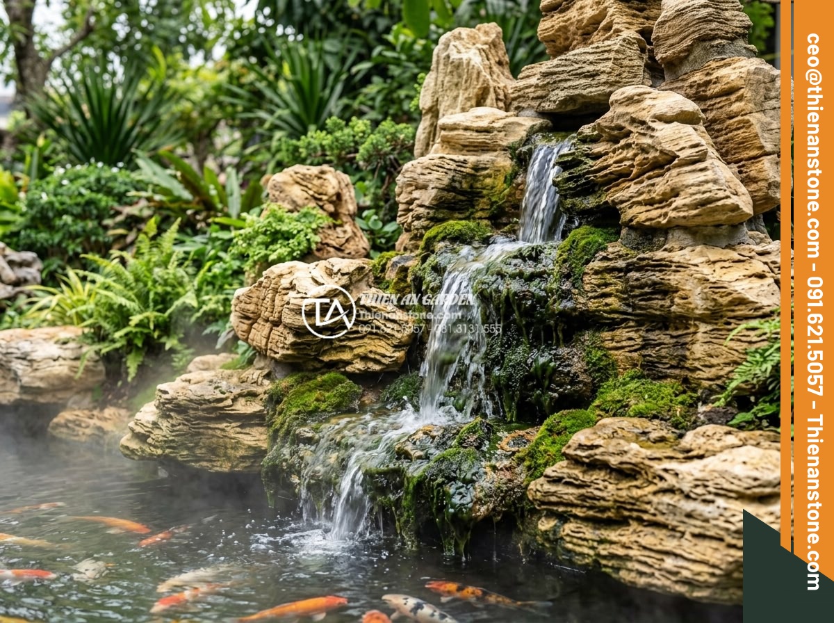 Tại Sao Nên Dùng Đá Thấm Thủy Cho Hòn Non Bộ Có Thác Nước? - Hình 1 Tại Sao Nên Dùng Đá Thấm Thủy Cho Hòn Non Bộ Có Thác Nước? - Close-up view of a traditional Vietnamese rockery with natural waterfall cascadi
