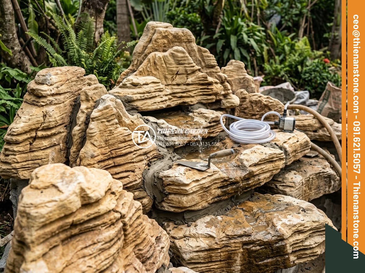 Tại Sao Nên Dùng Đá Thấm Thủy Cho Hòn Non Bộ Có Thác Nước? - Hình 10 Tại Sao Nên Dùng Đá Thấm Thủy Cho Hòn Non Bộ Có Thác Nước? - Engineers installing water-absorbent stones in a custom rockery waterfall constr