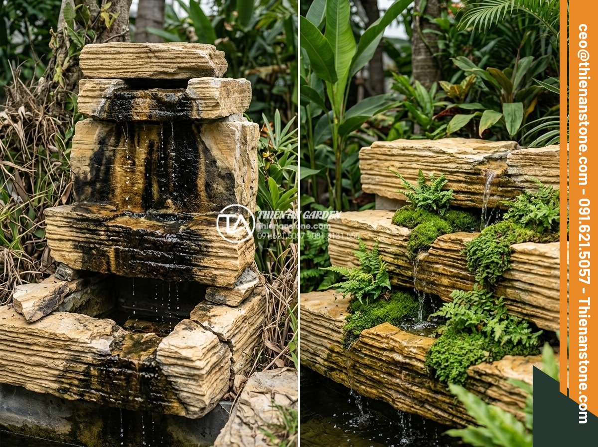 Tại Sao Nên Dùng Đá Thấm Thủy Cho Hòn Non Bộ Có Thác Nước? - Hình 12 Tại Sao Nên Dùng Đá Thấm Thủy Cho Hòn Non Bộ Có Thác Nước? - Real project photos comparing failed regular stone waterfall and successful abso