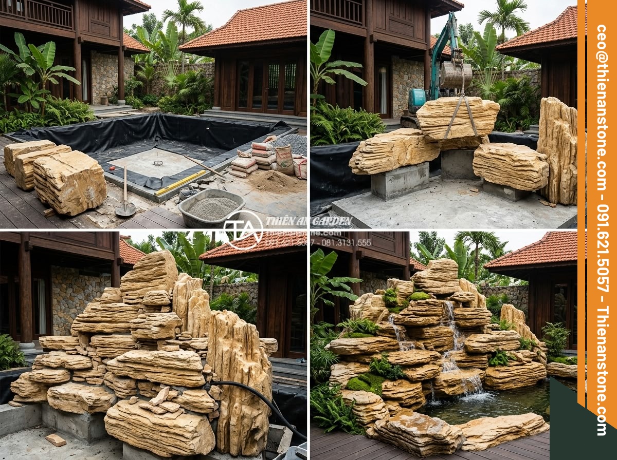 Tại Sao Nên Dùng Đá Thấm Thủy Cho Hòn Non Bộ Có Thác Nước? - Hình 15 Tại Sao Nên Dùng Đá Thấm Thủy Cho Hòn Non Bộ Có Thác Nước? - Step by step professional construction process of rockery waterfall using absorb